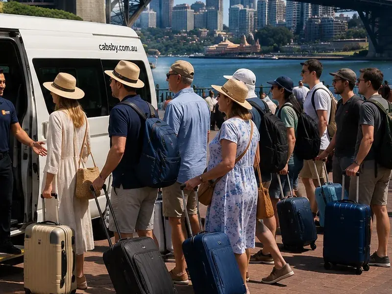 Group with luggage boarding a Cabsby XL vehicle at a Sydney cruise terminal