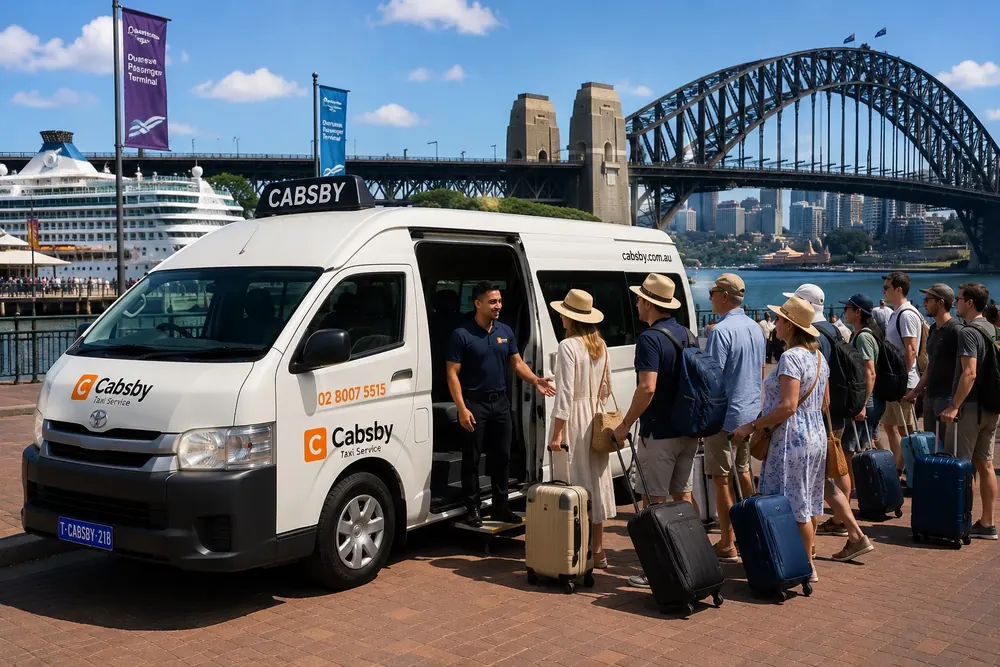 Group with luggage at a Sydney cruise terminal